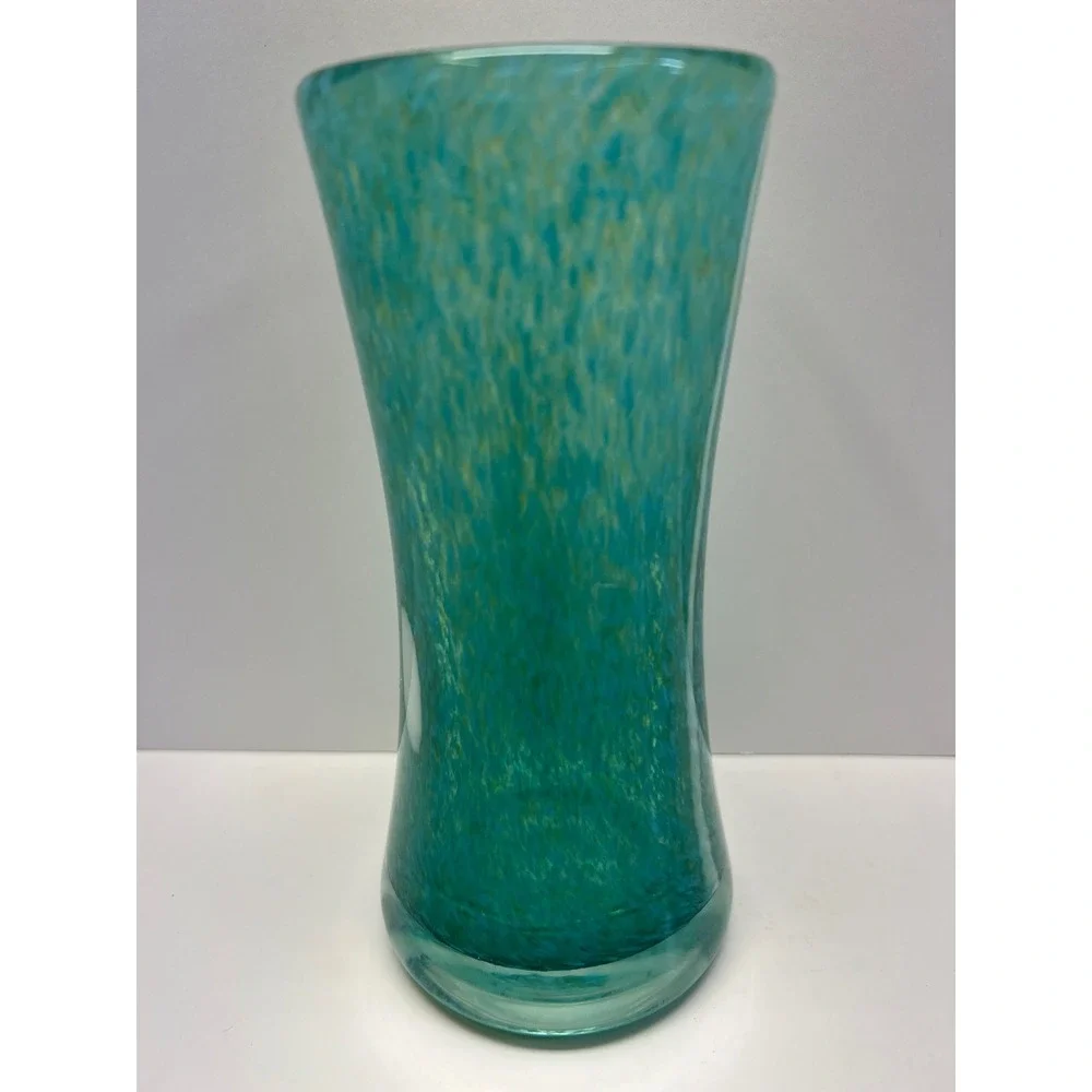 Hand Blown Art Glass Vase Mottled Aqua White Overlays Stretched Tapered Heavy
